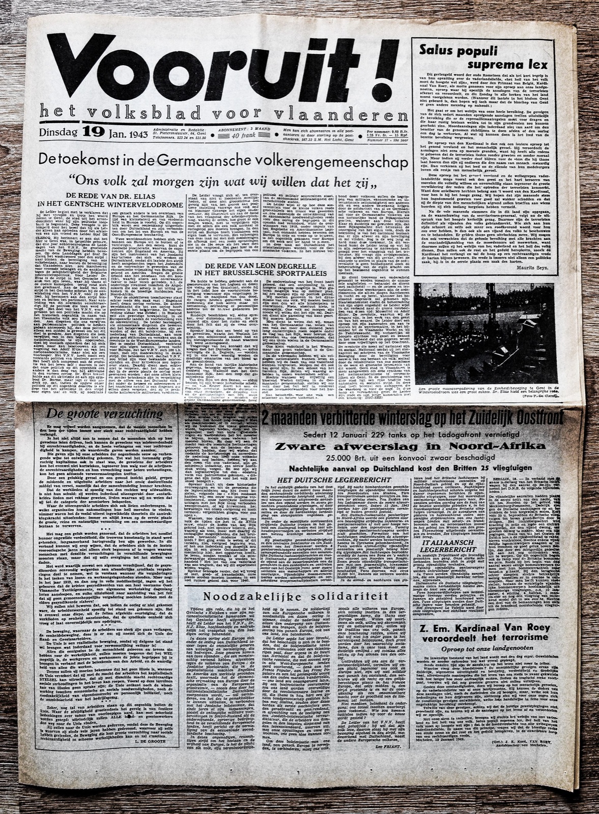 Couverture du quotidien Vooruit : 19 janvier 1943